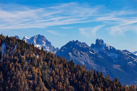 Trattberg Alm with view of the Dachstein massif with Bischofsmütze, Osterhorn Group, Salzkammergut,