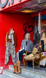 Fashion and quirky At the entrance to a second-hand shop on Hannoverschen Straße in Berlin Mitte,
