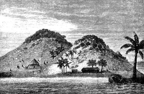 Lonely volcanic island in New Guinea, Papua, Pacific Ocean, straw huts, coconut trees,
