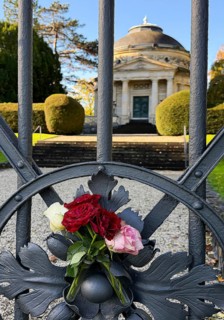 Roses at the fence door of the Carstanjen mausoleum in the Plittersdorf district, Bonn, North