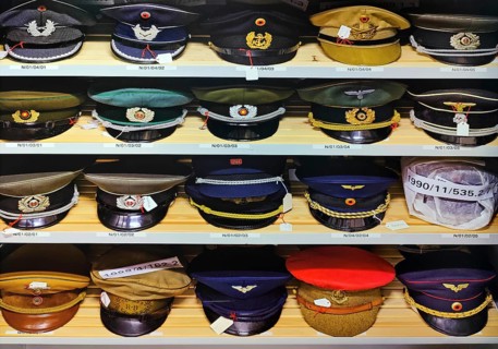 Collection of official caps in the textile depot, House of History, Bonn, North Rhine-Westphalia,