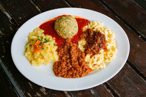 Swabian cuisine, potato salad with flavored onions, spätzle, knöpfle, dumplings with tomato sauce,