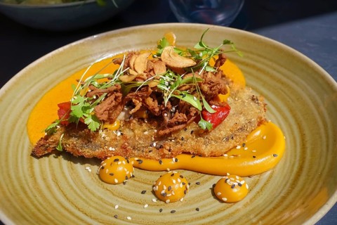Wiener schnitzel, breaded veal schnitzel, meat dish served on plate, main course, breadcrumbs,