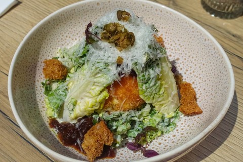 Baked burrata served on plate, breaded mozzarella, starter, vegetarian, salad hearts, green lettuce