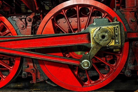 Wheelwork of a historic steam locomotive owned by the Free State of Bavaria, Eisenbahnmuseum,