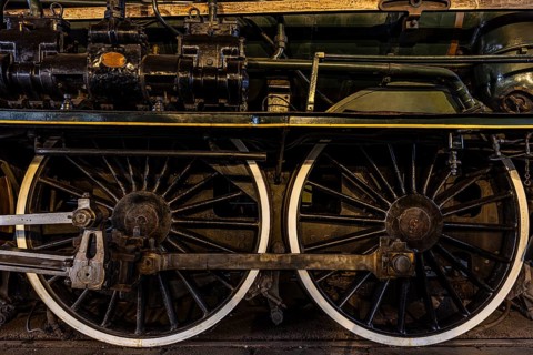 Wheelwork of the legendary French locomotive La France, operating number 231.K 22, railway museum,