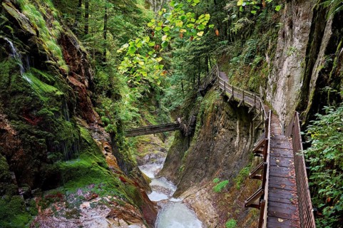 Wooden walkway in the Durnand Gorge, Les Valettes, Canton of Valais, Switzerland