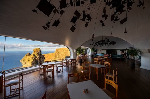 Cafe with panoramic window, interior at the Mirador del Río viewpoint, designed by artist César