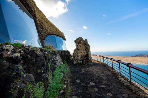 Panoramic window at the Mirador del Río viewpoint, designed by artist César Manrique, Lanzarote,