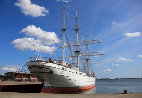 Gorch Fock, a sailing school ship rigged as a bark in the harbor, Stralsund, Vorpommern-Rügen