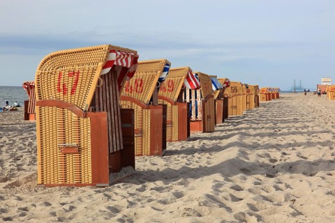 Empty, locked beach chairs on the beach, beach chair, sandy beach, Baltic Sea, Poel island,
