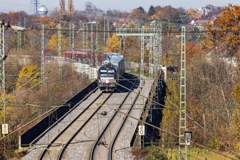 Freight train on the so-called Schusterbahn, a bypass of Stuttgart Central Station. Stuttgart,