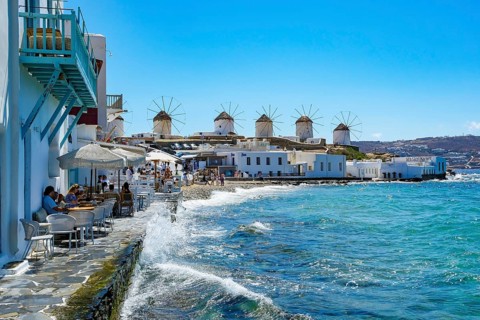 Mykonos, Cyclades, Greece - The six sixteenth-century windmills, lined up on a hill above Mykonos