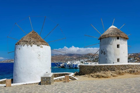 Mykonos, Cyclades, Greece - The six sixteenth-century windmills, lined up on a hill above Mykonos