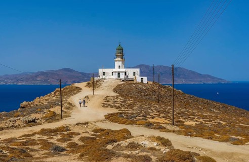 Mykonos, Cyclades, Greece - The Armenistis lighthouse in the north of the island is a landmark and