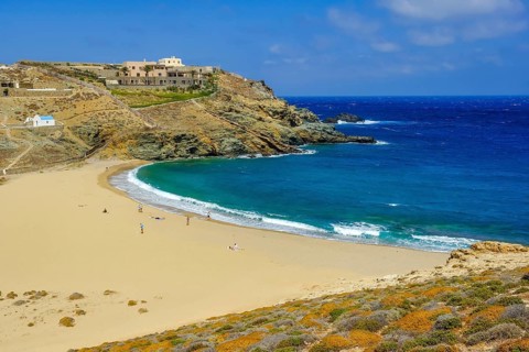 Mykonos, Cyclades, Greece - Fokos Beach, small settlement with sandy beach in the north of the