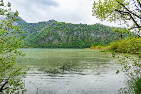 Landscape of Lake Offensee on a rainy day in spring, Salzkammergut, Austria