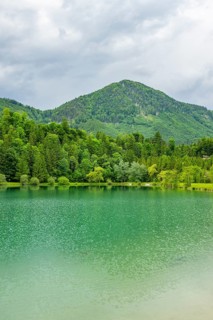 Landscape of Lake Elisabethsee on a rainy day in spring, Austria
