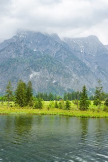 Landscape of Lake Almsee on a rainy day in spring, Salzkammergut, Austria