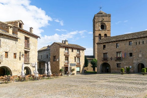 Church tower and town hall, historic buildings medieval village of Ainsa, Aínsa-Sobrarbe, Huesca