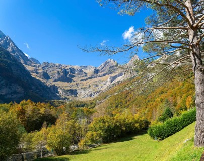 Mountain landscape view Ordesa y Monte Perdido National Park, Bielsa parador, Huesca province,