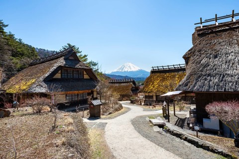 Iyashinosato open-air museum, old Japanese village with traditional houses, at the back volcano Mt.