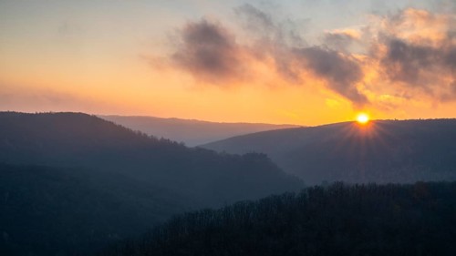 Sunrise, sun rising over hills, Thayatal National Park, Lower Austria, Austria