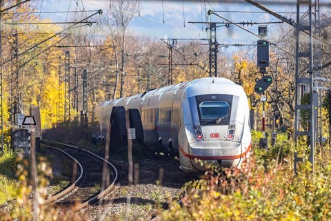 Intercity Express ICE. Open-route passenger train in the Stuttgart North Station area. Arched