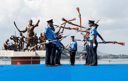 Indian Air Force personnel performs a bayonet drill demonstration on the bank of Brahmaputra river,