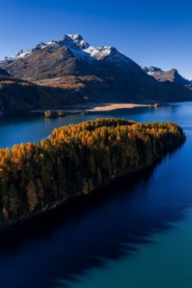 Mountain landscape, mountain lake, larch forest, autumn, autumn color, morning light, sunny, aerial