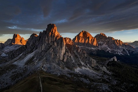 Mountain landscape, morning light, cloud atmosphere, autumn, aerial view, Giau Pass, view of Tofana