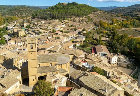 Church tower and rooftops of medieval village of Uncastillo, Cinco Villas, Zaragoza province,