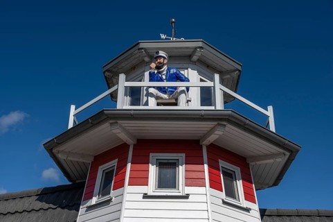 Captain figure on the balcony of a holiday home, Zingst, Darß, Mecklenburg-Western Pomerania,