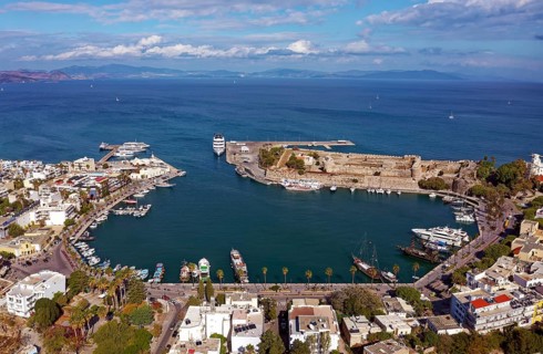 Aerial view, Mandraki harbor, seaport, ship, ships, back fortress, castle, Neratzia, also