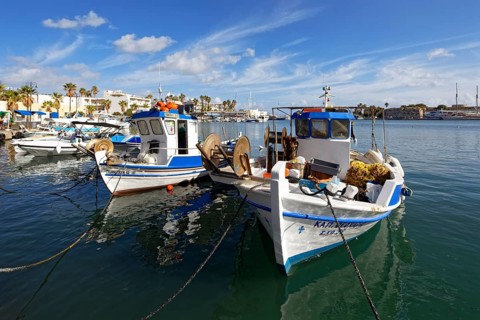 Fishing boat, fishing boats, picturesque, Neratzia fortress in the back, Mandraki harbor, seaport,