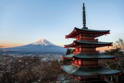 Five-story pagoda of a Shinto Shrine, Chureito Pagoda, with views of Fujiyoshida City and Mount