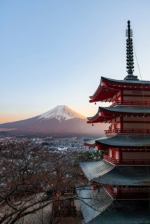 Five-story pagoda of a Shinto Shrine, Chureito Pagoda, with views of Fujiyoshida City and Mount