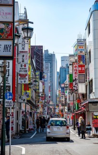 Street scene, lots of colorful signs of shops, restaurants and bars in a street, Shinjuku City,