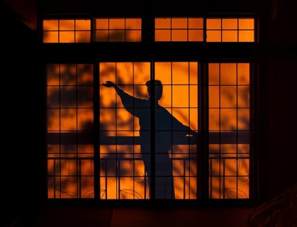 Shadows of a woman in kimono, on the balcony behind sliding shoji doors in a traditional Japanese