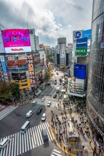 Modern houses with colorful neon signs and large road intersection, Shibuya Crossing from above,