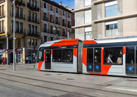 Light rail tram city public transport system CAF Urbos 3 trams, Tranvía de Zaragoza, Zaragoza,