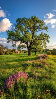A serene landscape featuring a large tree by a stream at sunset with vibrant green grass and