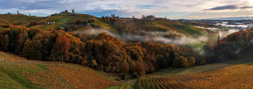 Panorama, aerial view, typical landscape in autumn with vineyards, South Styrian hills, South