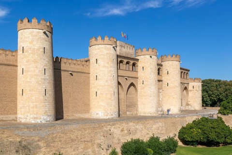 Historic walls fortifications of Aljafería Palace, Zaragoza, Aragon, Spain