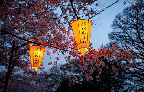Blooming cherry trees and illuminated lanterns with Japanese writing in the evening, Hanami