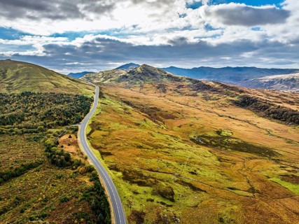 Snowdonia National Park over Road A470 from a drone, Crimea Pass, Blaenau Dolwyddelan, Wales,
