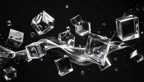 Abstract animation, glass cubes on black background, modern business wallpaper illustration, AI