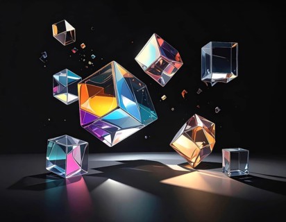 Abstract animation, glass cubes on black background, modern business wallpaper illustration, AI