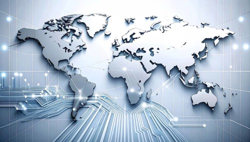 Abstract visualization of global rare earth supply network feeding EV industry, world map design,