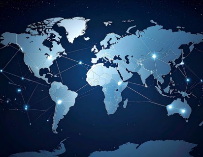 Abstract visualization of global rare earth supply network feeding EV industry, world map design,